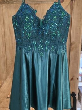 Teal Embellished Satin Skater Dress With Pockets